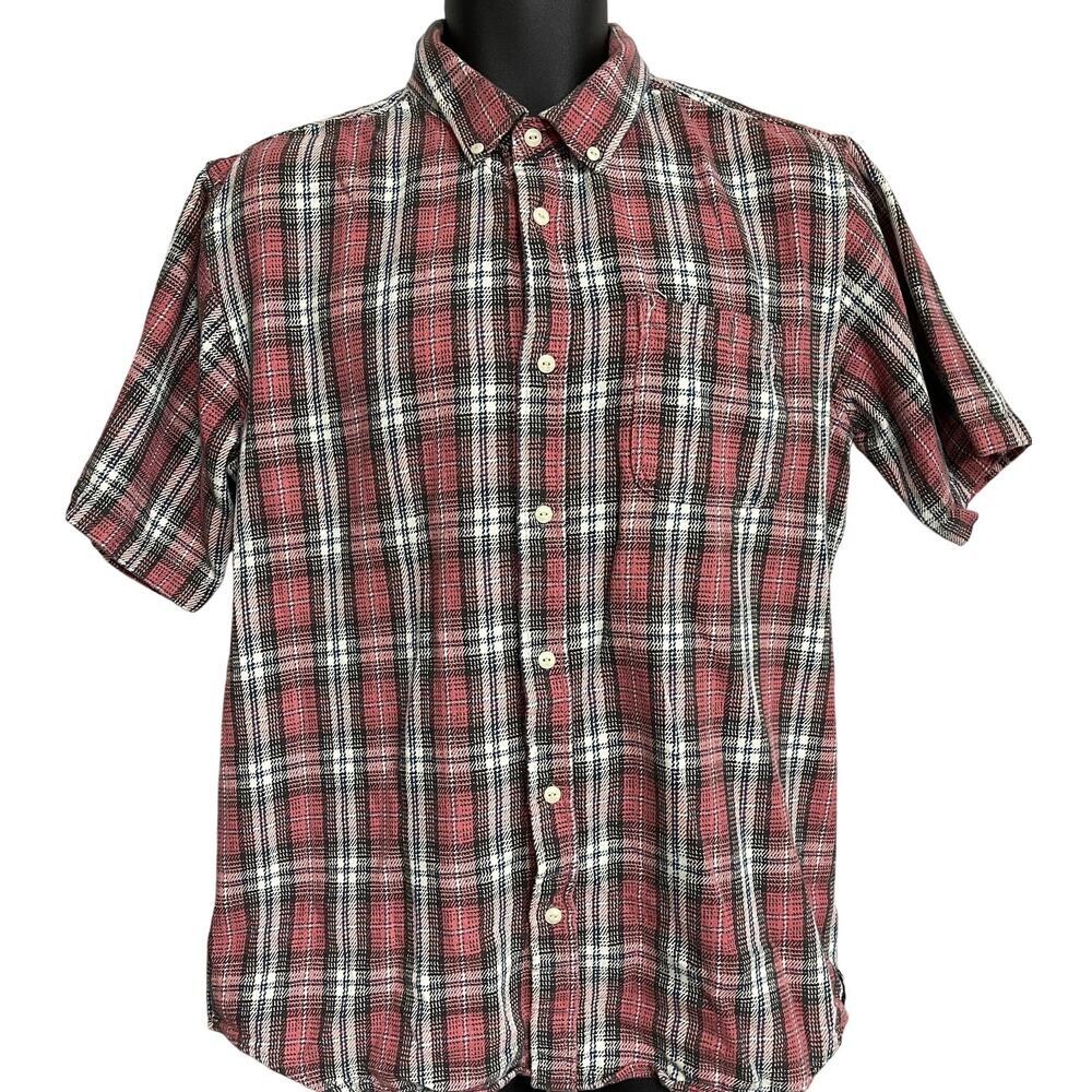 Ezekiel Button Up Flannel Shirt Men Size L Pink Plaid Short Sleeves 100% Cotton